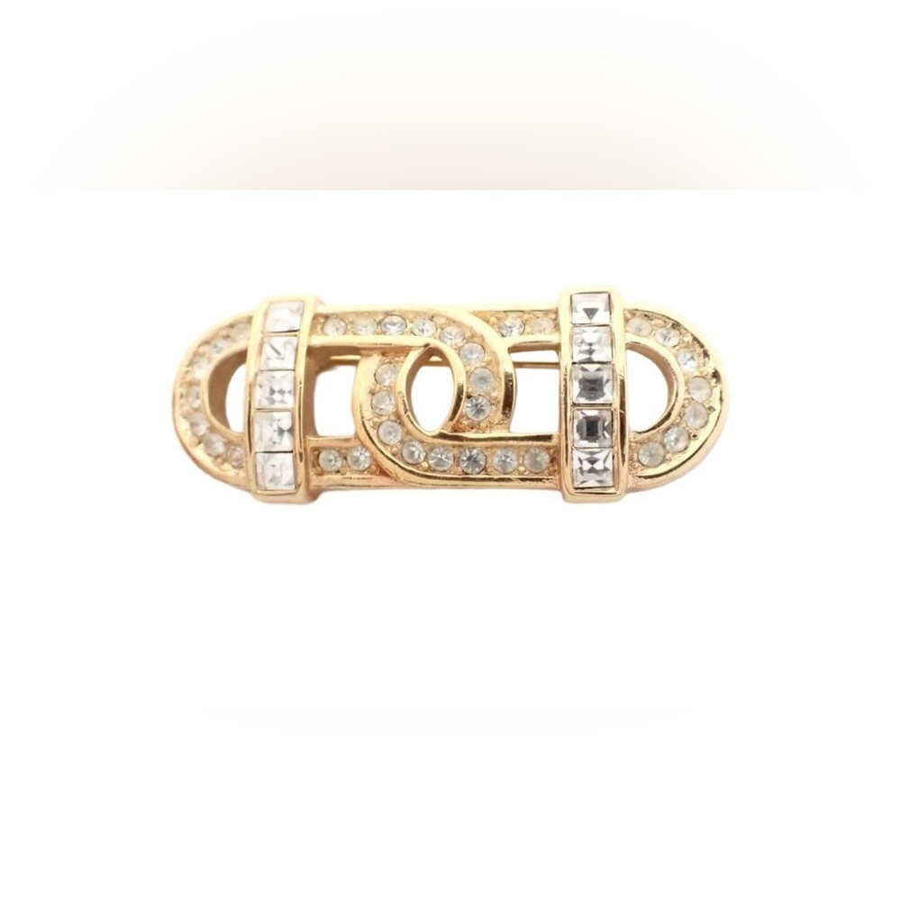 Christian Dior Brooch Womens OS Gold Excellent Rhinestone Interlocking Link Logo